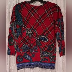 Talbots Thin Knit Top Women's Size Mp Multi-color Plaid & Paisley Design